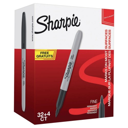 Huopakynä Sharpie fine pyöreä 1mm musta, säästöpakkaus 32+4 kynää, hinta 70,89€