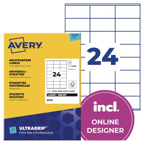 Monitoimitarra Avery 3475 70 x 36mm 24-osainen 2400kpl, hinta 42,58€