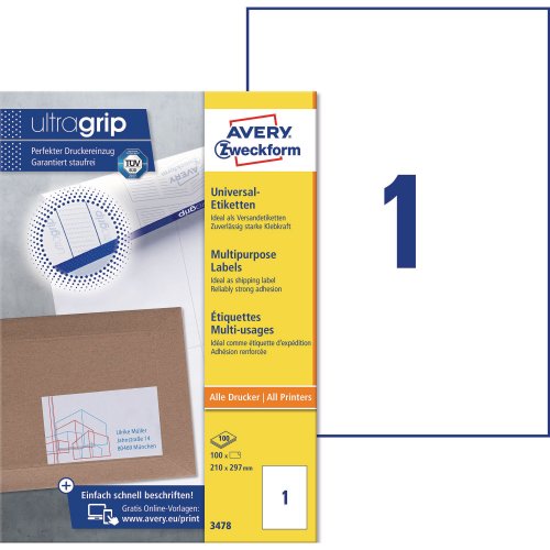 Monitoimitarra Avery 3478 210 x 297mm 1-osainen 100kpl, hinta 37,74€