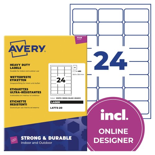 Tarra Avery l4773 heavy duty 63,5 x 33,9mm 24-os. valkoinen 480kpl, hinta 39,62€