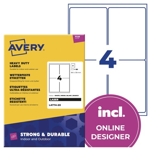 Tarra Avery l4774 heavy duty 99,1 x 139mm 4-osainen valkoinen 80kpl, hinta 47,77€
