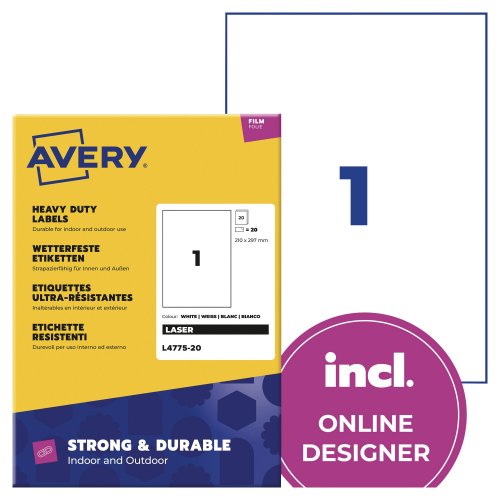 Tarra Avery l4775 heavy duty 210 x 297mm 1-osainen valkoinen 20kpl, hinta 39,60€
