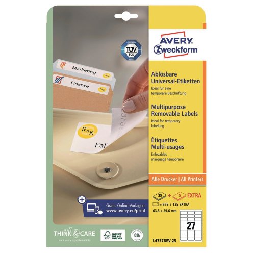 Tulostustarra Avery l4737 63,5 x 29,6mm 27-osainen irtoava liima 675kpl, hinta 14,53€