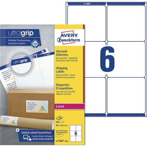 Tulostustarra Avery l7166 99,1 x 93,1mm 6-osainen 600kpl, hinta 50,32€