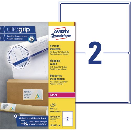 Tulostustarra Avery l7168 199,6 x 143,5mm 2-osainen 200kpl, hinta 50,31€