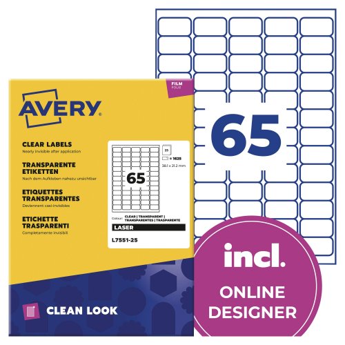 Tulostustarra Avery l7551 38,1 x 21,2mm 65-osainen kirkas 1625kpl, hinta 44,62€