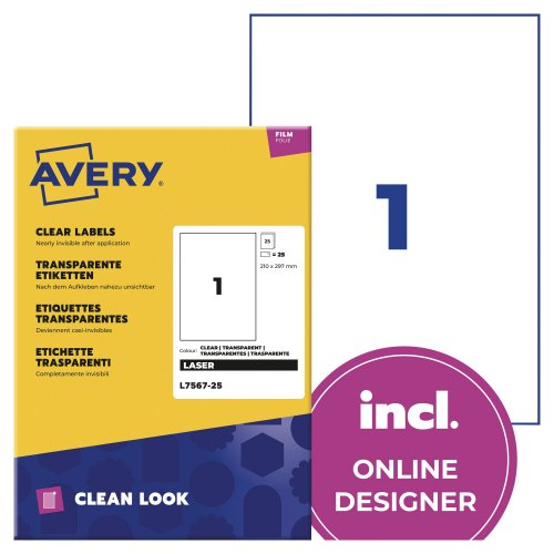 Tulostustarra Avery l7567 a4 210 x 297mm, 1-osainen kirkas 25kpl, hinta 41,67€
